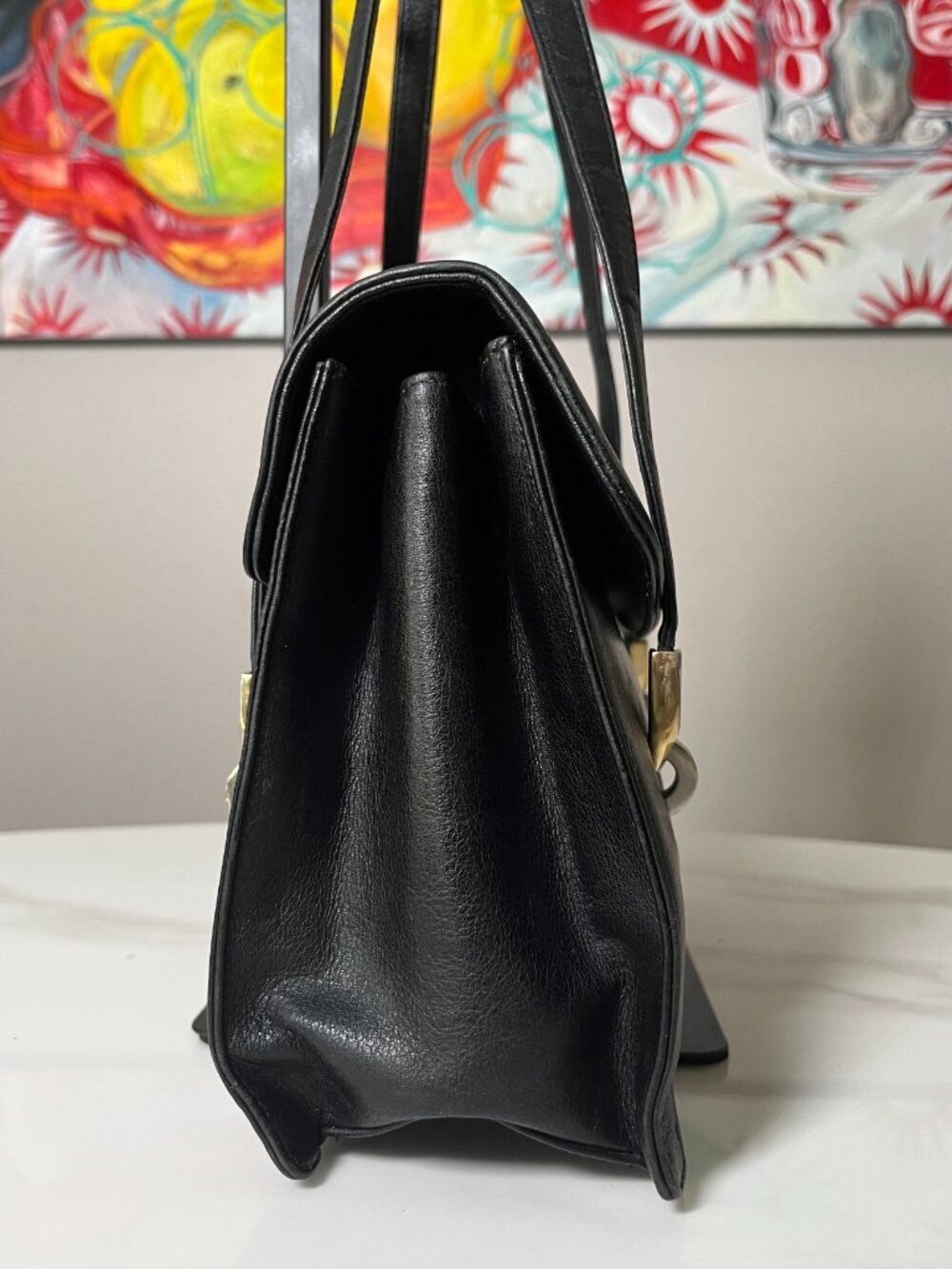 Koret Vintage Black Leather Shoulder Bag Red Interior Matching Coin Purse MCM - Picture 4 of 14
